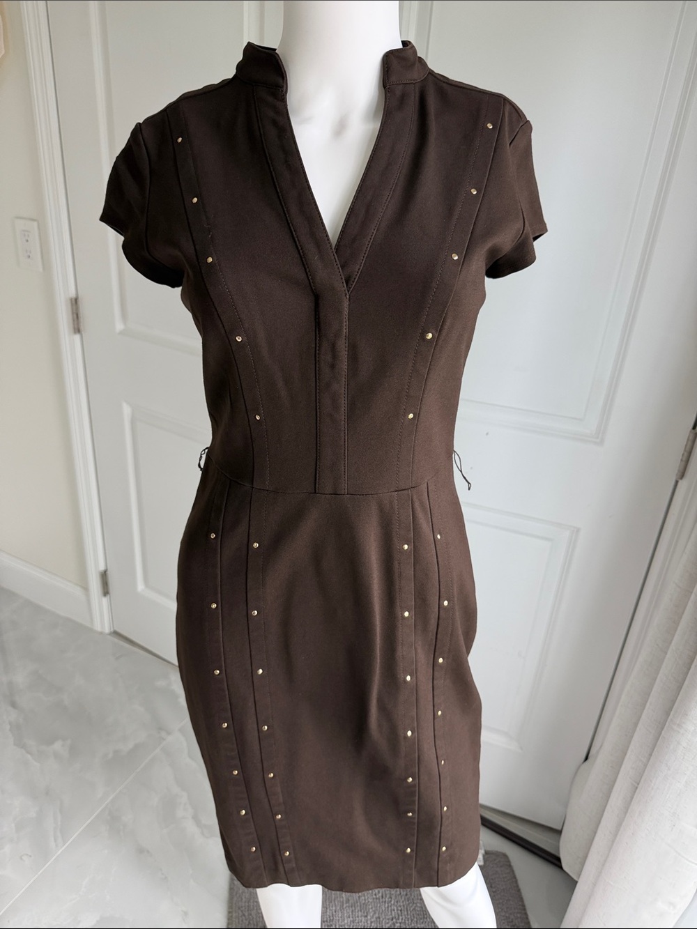 Cache Brown Midi Sheath Dress with Gold Stud Accents